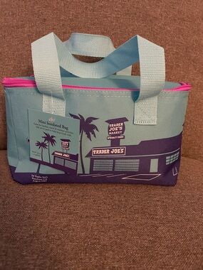 Trader Joe's Mini Insulated Tote Bag - Aqua Blue with Pink Trim
